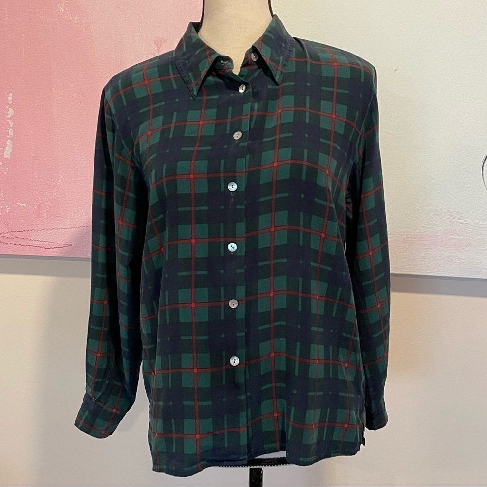 Pendleton 100% Silk Green Blue Plaid Collared Button Front Blouse Sz 8 Petite